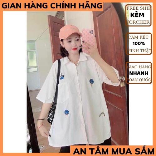 Áo sơ mi cộc tay thêu hình ngộ nghĩnh nữ áo sơ mi nữ UNISEX ,chất thô mềm chuẩn form phong cách hàn quốc THỜITRANG1989