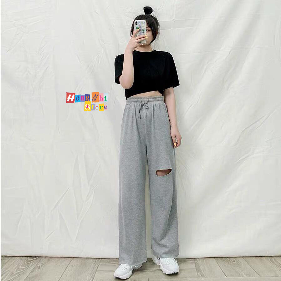 Quần Ống Rộng Rách Gối Màu Xám- Quần Ống Rộng Lưng Thun Rách Gối Unisex - MM
