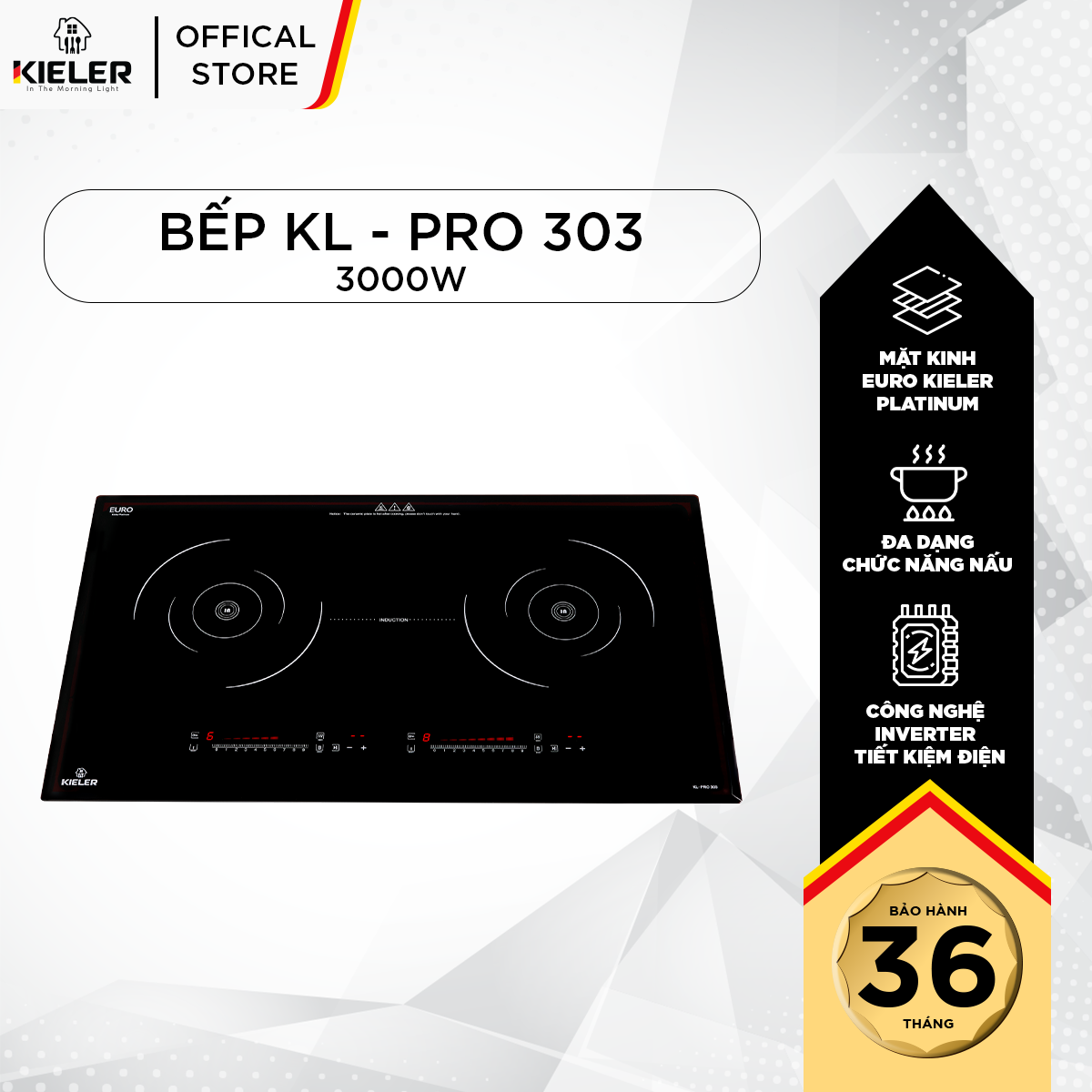 Bếp đôi điện từ KIELER KL-PRO303 mặt kính Euro Kieler Platinum, Bếp điện từ 3000W công nghệ Inverter tiết kiệm điện - Hàng Chính Hãng