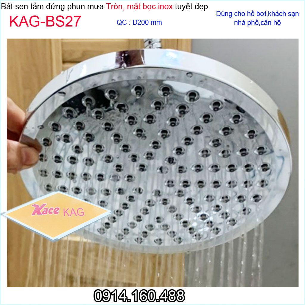 Bát sen tắm đứng tròn 20x20 cm KAG-BS27, đầu sen phun mưa màu inox bóng tia nước mạnh phun đều sử dụng tốt