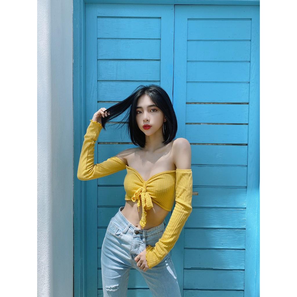 Áo Croptop Trễ Vai Nơ Ngực