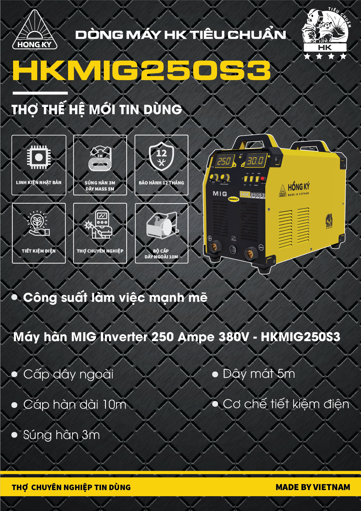 Máy hàn MIG Inverter 250 Ampe 380V - HKMIG250S-3