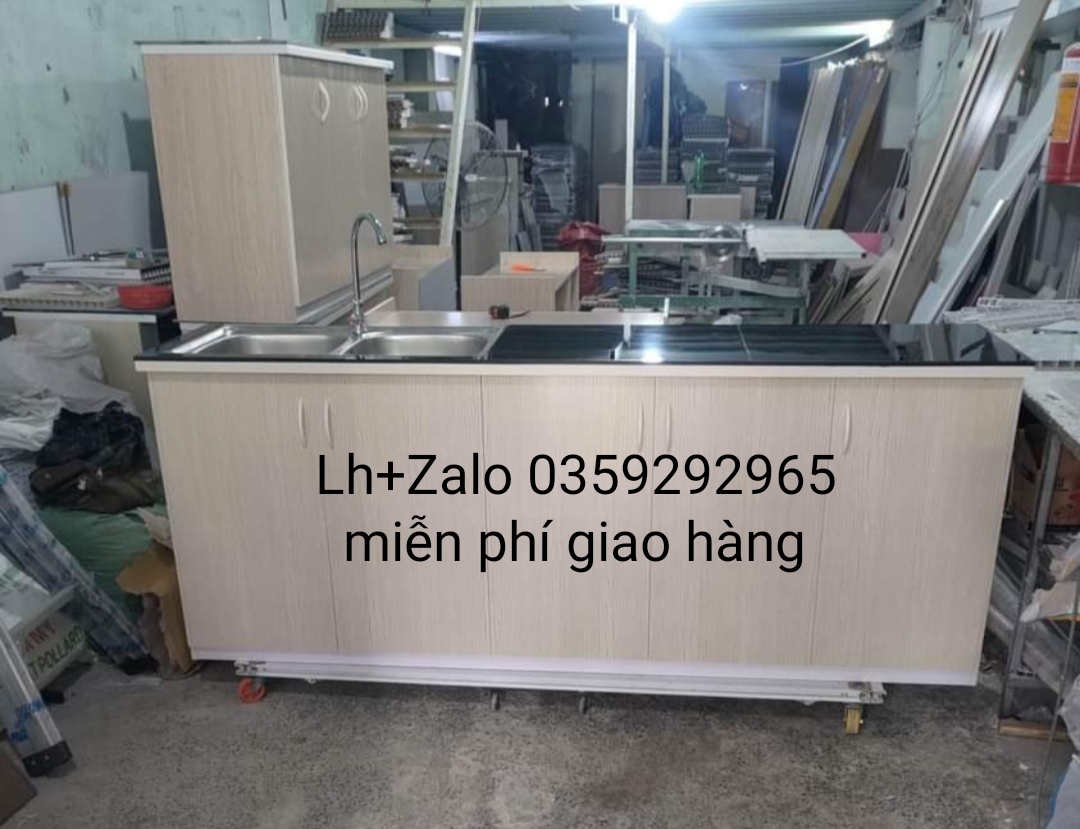 Tủ bếp mini nhựa đài Loan mặt gạch 2 chậu rửa