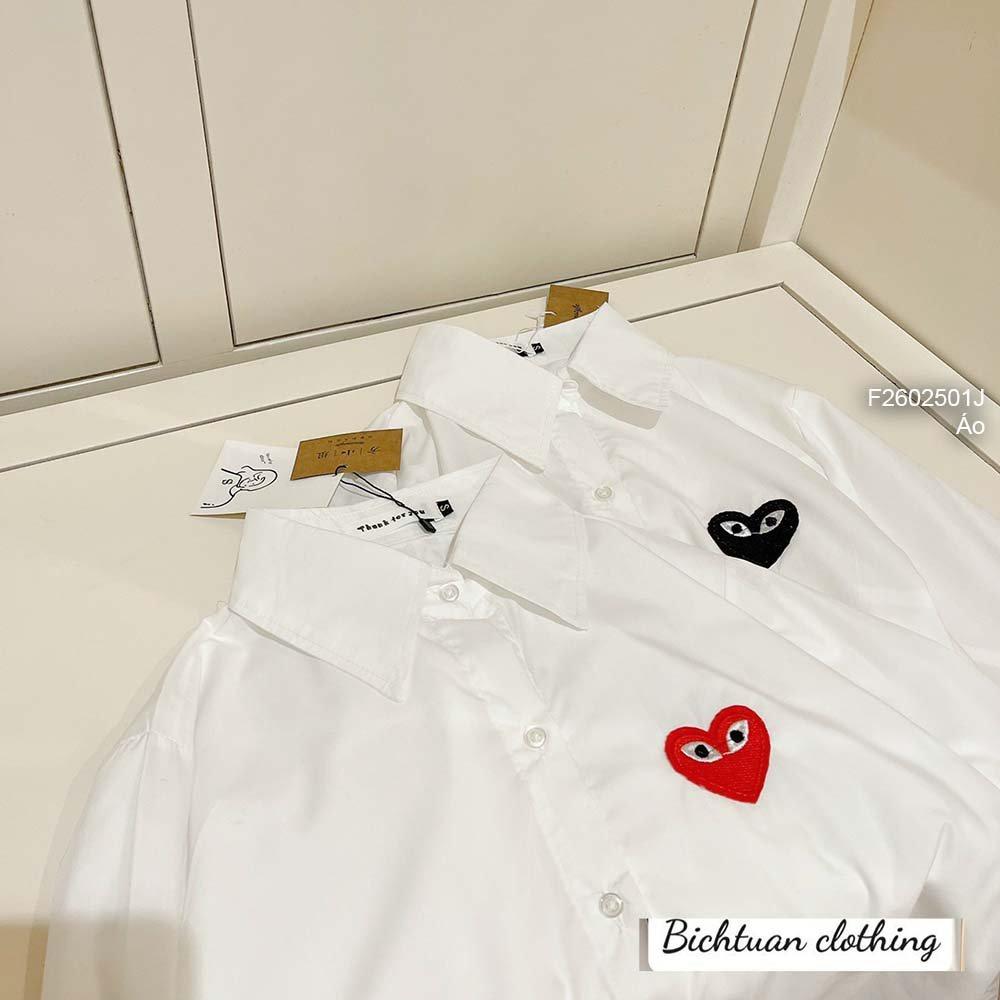 Áo sơ mi trắng thêu mặt tim tay dài!