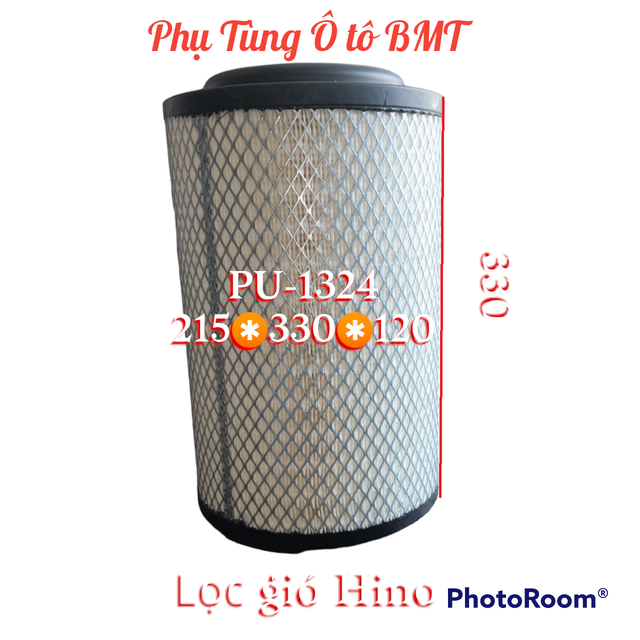 Lọc gió động cơ xe tải Hino, mã lọc PU-1324, kích thước 120/215*330, cao su không ruột, đáy bằng