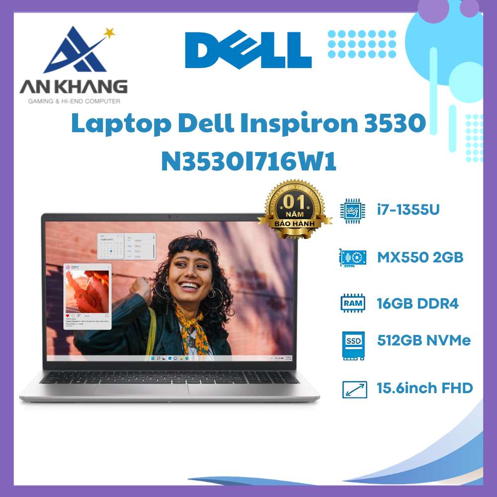 Laptop Dell Inspiron 3530 N3530I716W1 (Intel Core i7-1355U | 16GB | 512GB | MX 550 | 15.6 inch FHD | Win 11 | Office) - Hàng Chính Hãng - Bảo Hành 12 Tháng