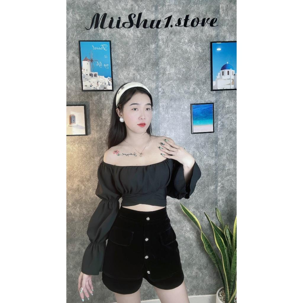 Áo Croptop Cổ Vuông Nhún Tay Nơ Lưng