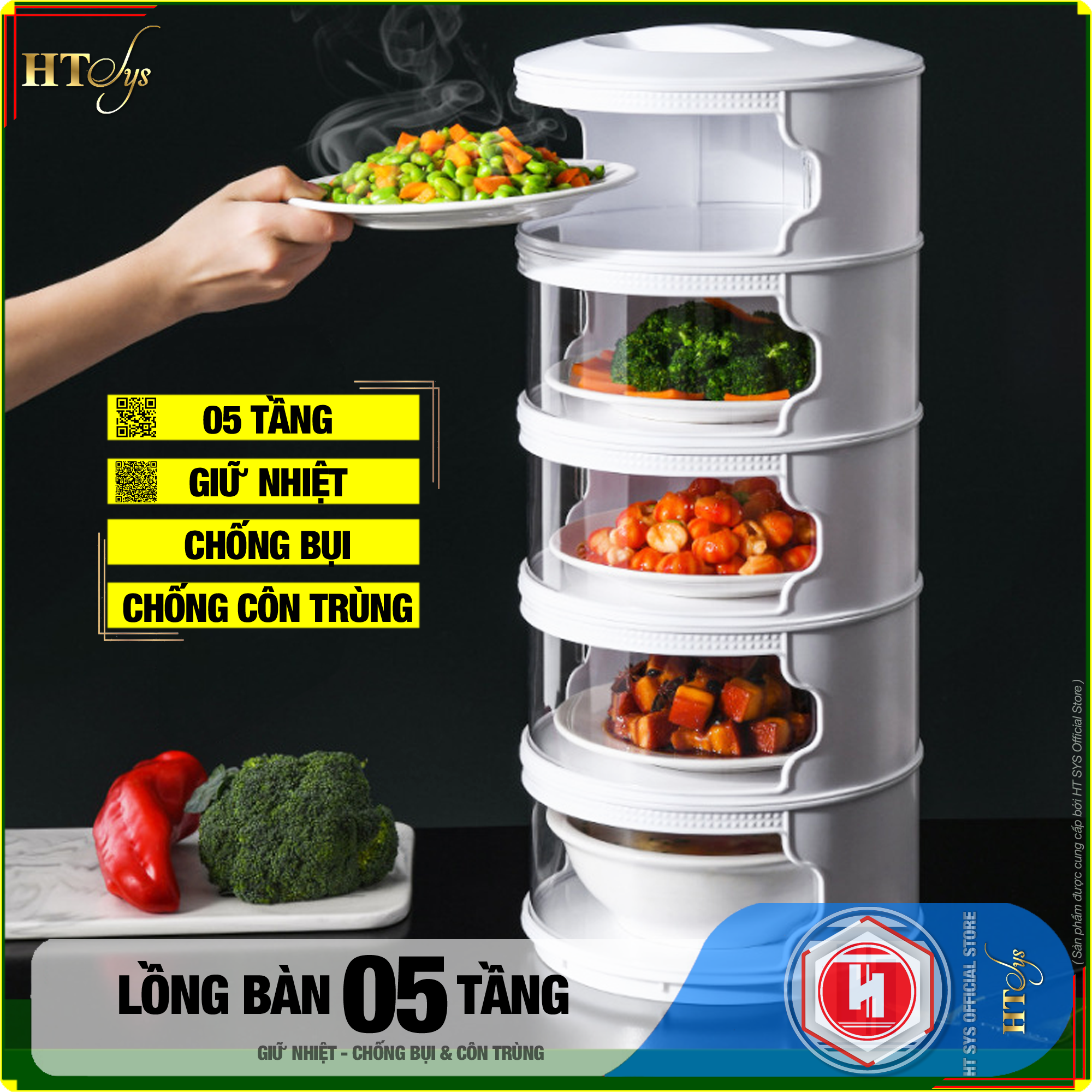 Lồng bàn giữ nhiệt đậy thức ăn 5 tầng HT SYS - Khay hộp đậy thức ăn - Giữ nhiệt - Chống bụi - Chống côn trùng - Chất liệu ABS+PET Cao Cấp - Hàng Nhập Khẩu