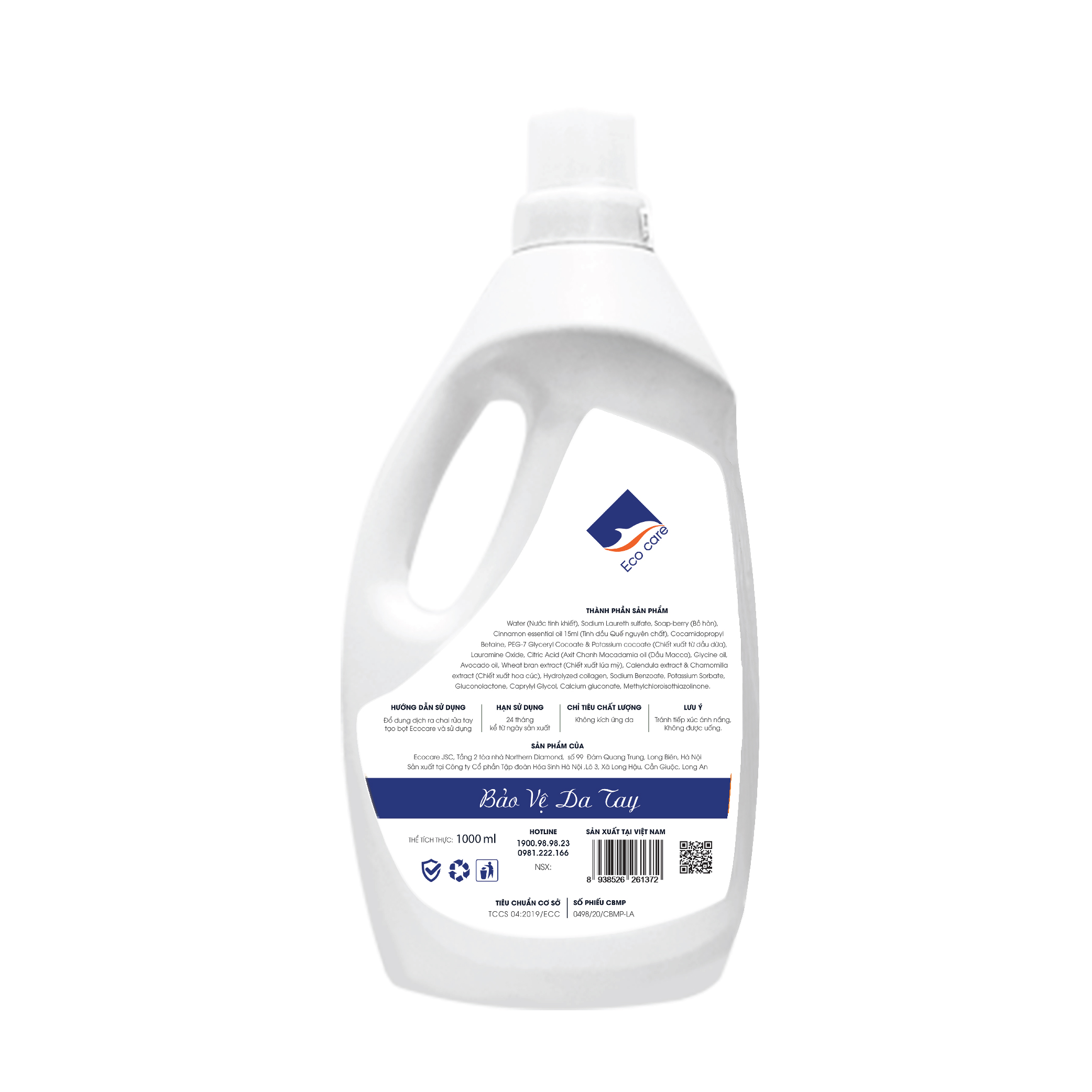 Nước rửa tay hữu cơ diệt khuẩn dạng bọt tinh dầu Quế 1000ml thương hiệu Ecocare ( tặng kèm vỏ tạo bọt)