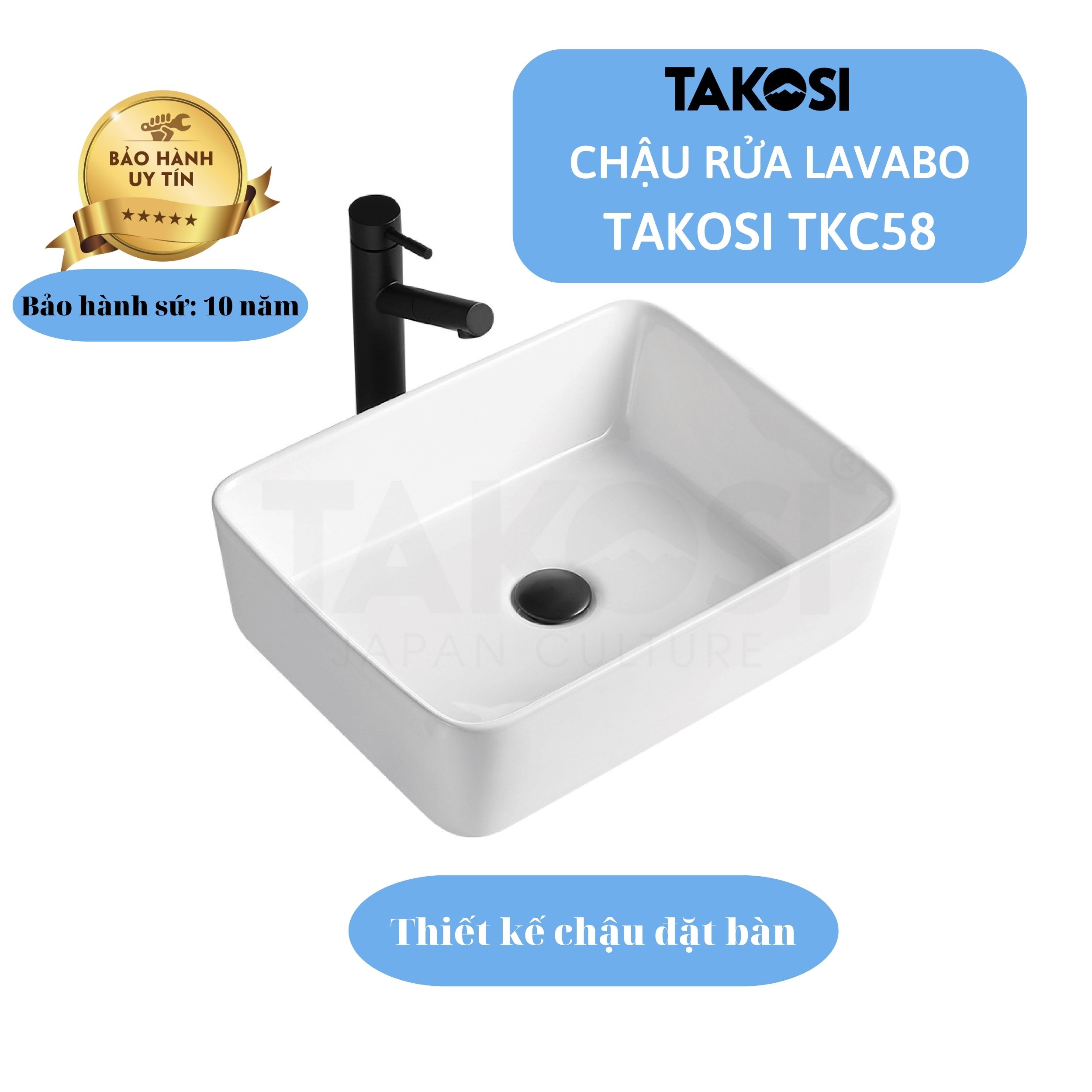 Chậu lavabo sứ, chậu rửa mặt phòng tắm chữ nhật Takosi TKC58 đặt bàn dùng gia đình, khách sạn hàng chính hãng bảo hành 10 năm