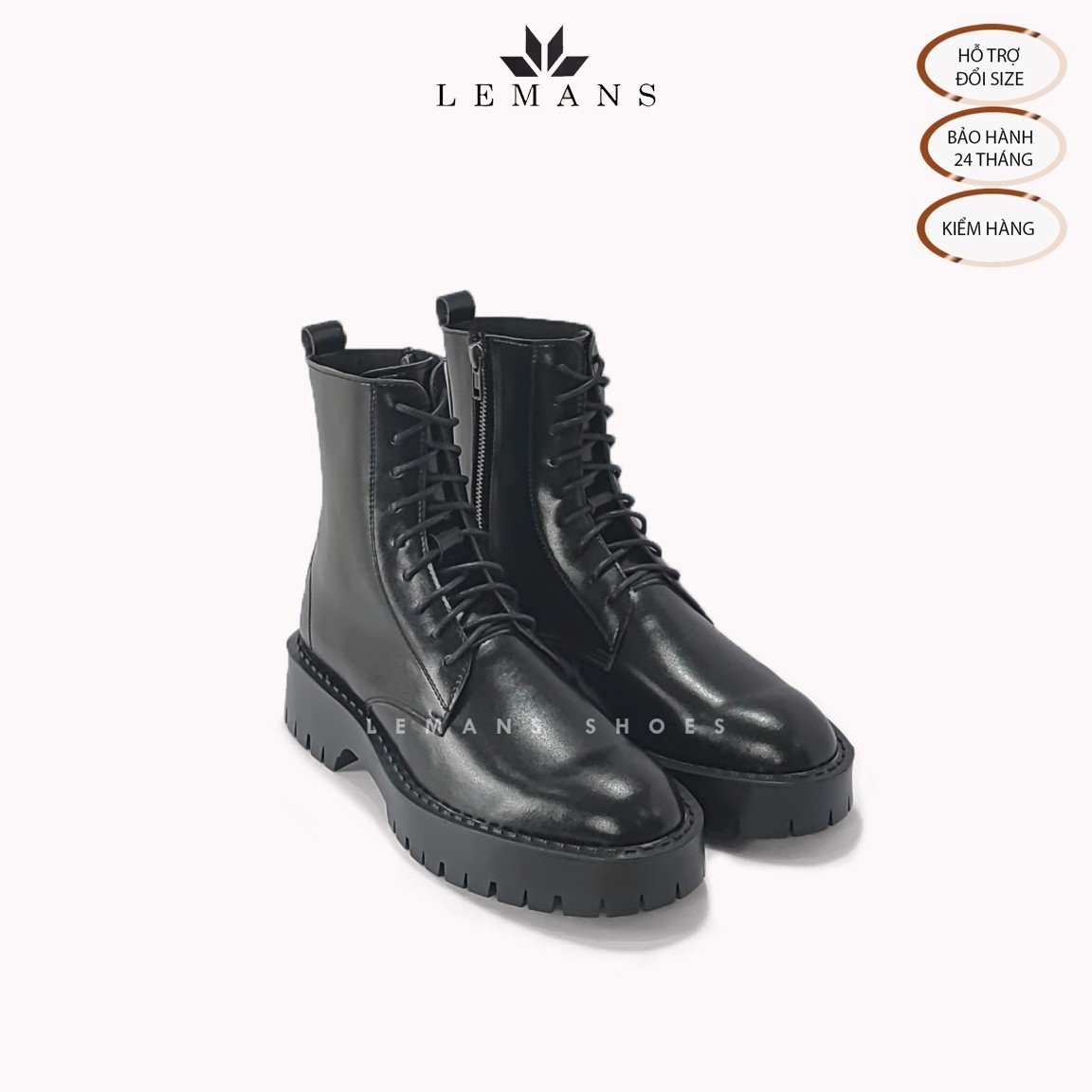 Giày da bò Chunky COMBAT Boots LEMANS nam - Đế Chunky cao 4.5cm - Khóa YKK - Bảo hành 24 tháng