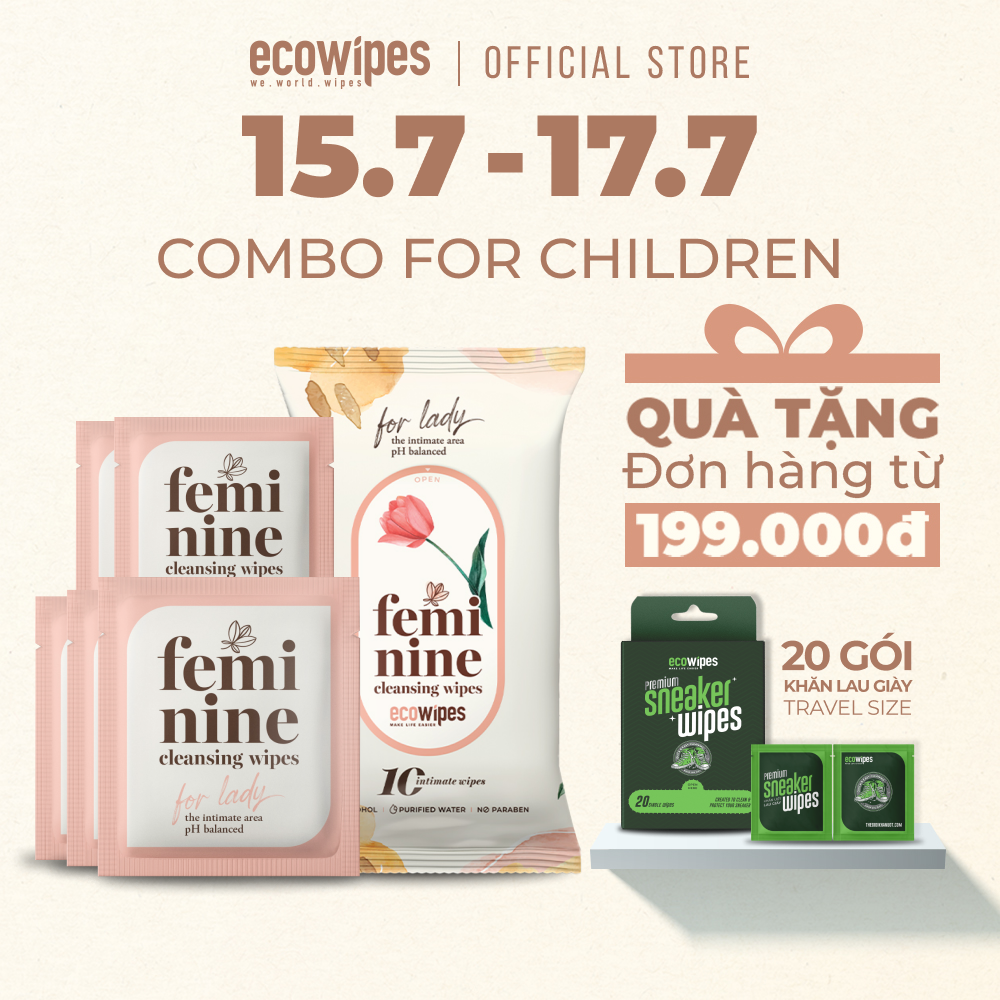 Combo For Children gồm khăn phụ khoa 10 tờ và 5 gói khăn ướt phụ khoa mini 4 seal