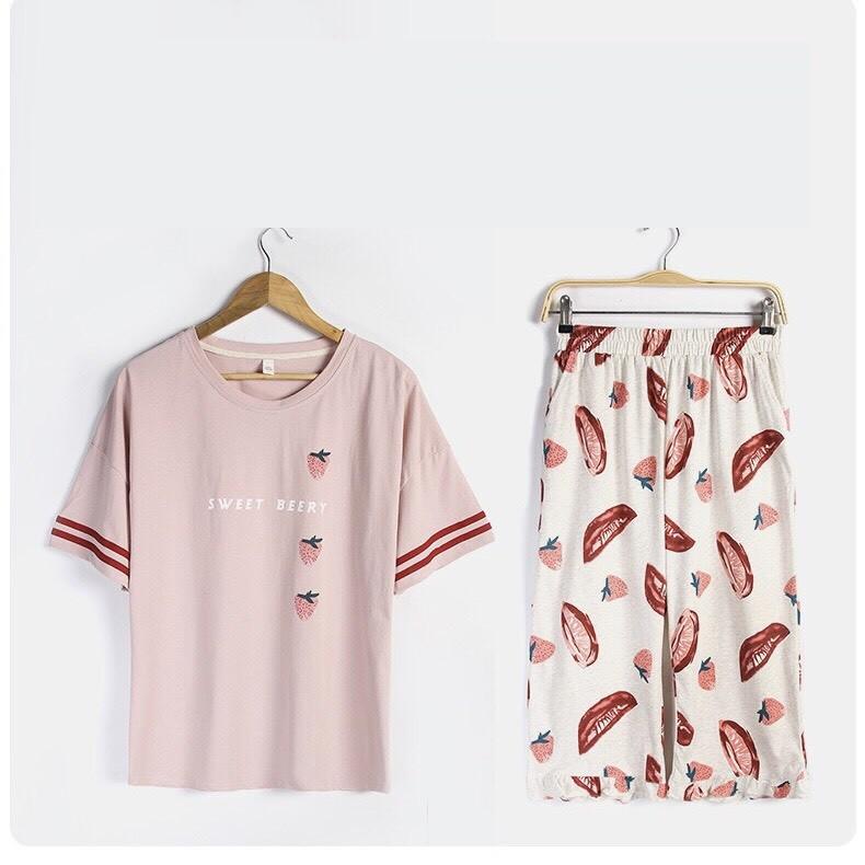 Bộ mặc nhà nữ thun cotton họa tiết strawberry viền bèo