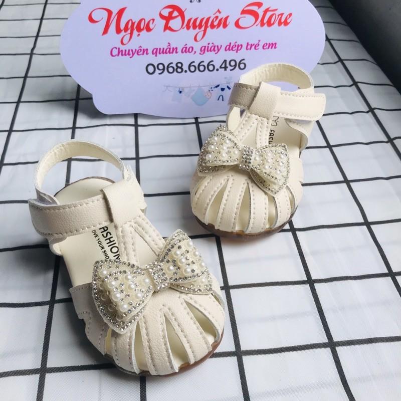 Dép sandal cao cấp tập đi trẻ em phối nơ phong cách vintage chống vấp cho bé gái