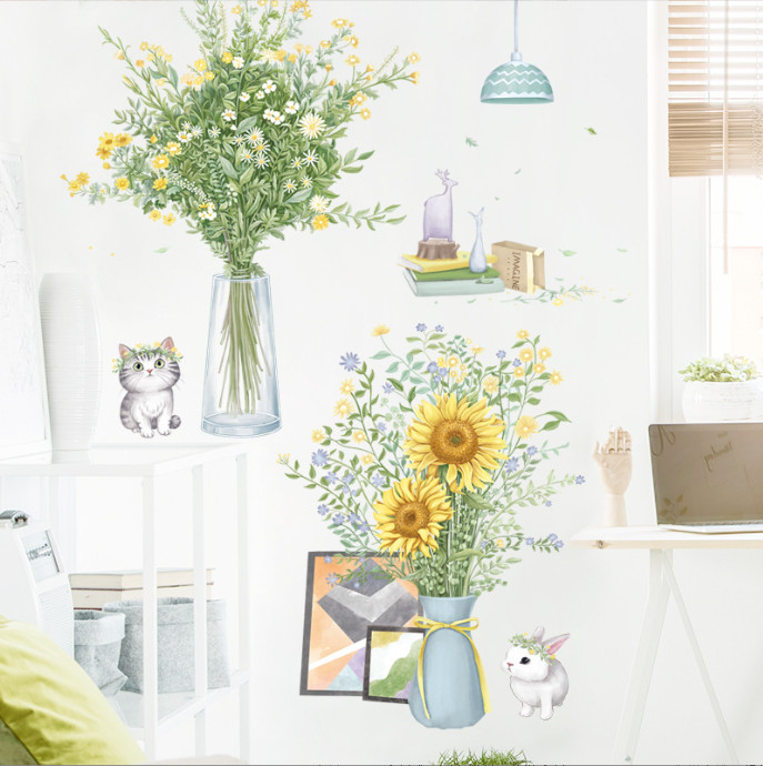Decal trang trí tường - Bình hoa cỏ dại và hoa hướng dương