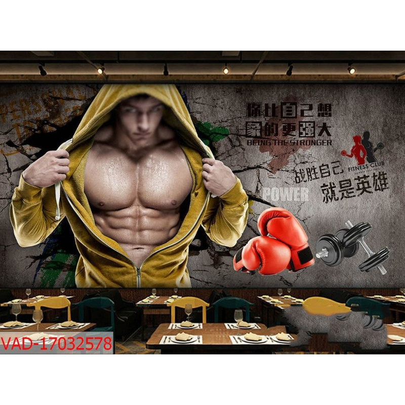 Tranh dán tường trang trí phòng gym  GY03 chất liệu pp kim sa có sẵn keo