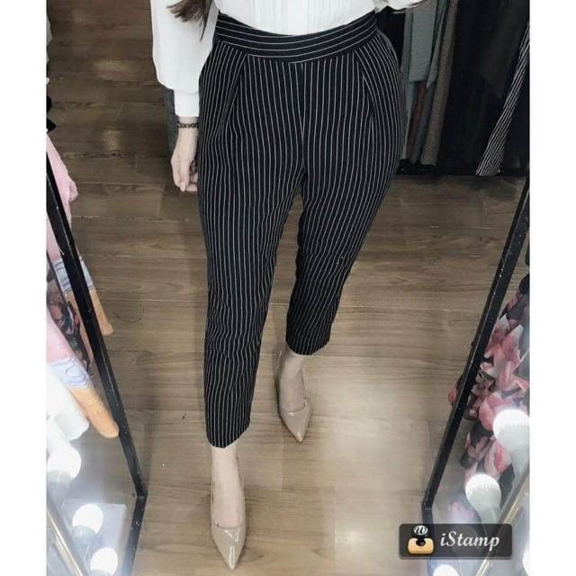 Quần công sở ống rộng kẻ khoá sườn lịch sự kiểu mới