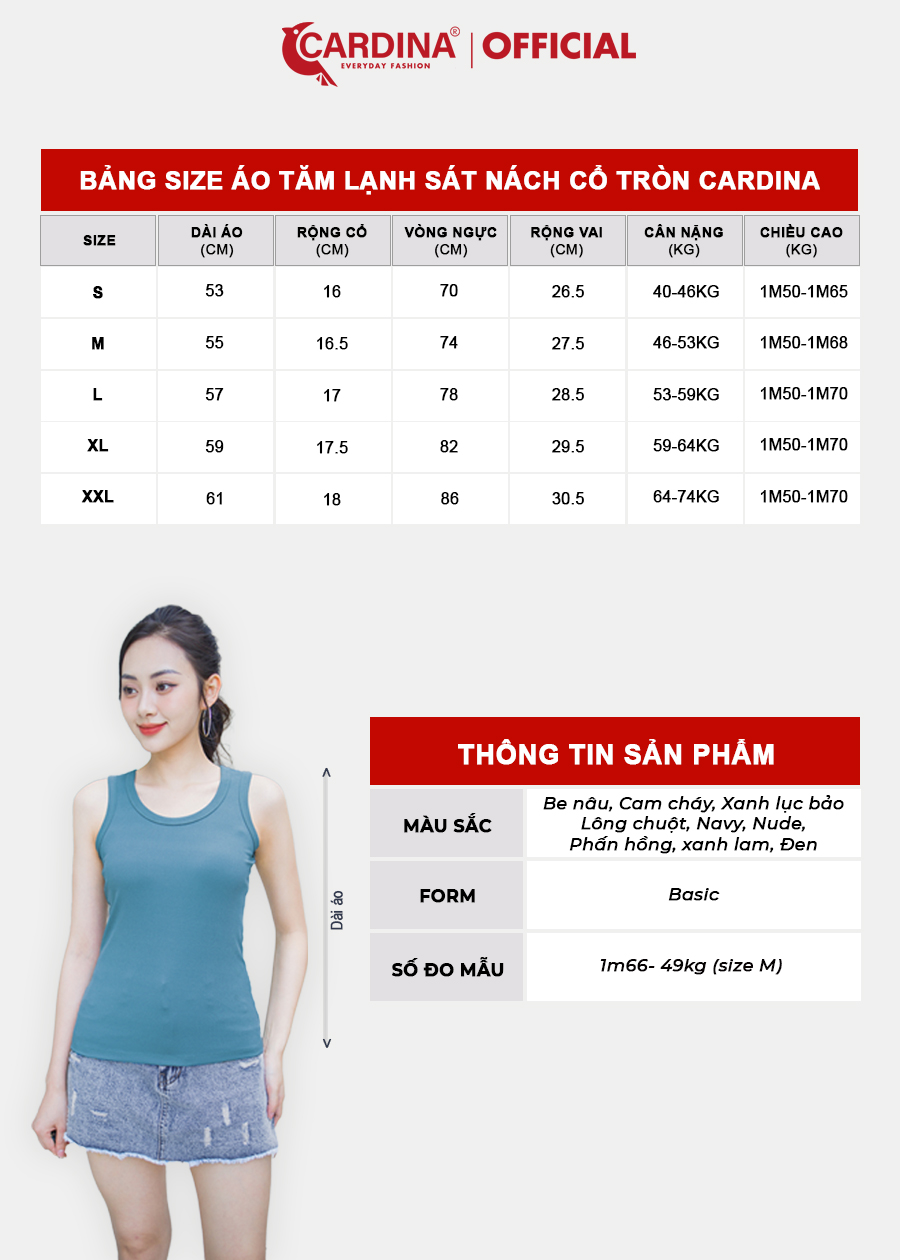 Áo Thun Nữ CARDINA Chất Tăm Lạnh Áo Sát Nách Cổ Tròn Thoáng Mát Cá Tính 3AF17