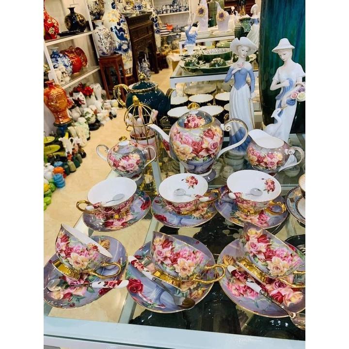 BỘ ẤM CHÉN KÈM KHAY PHA TRÀ SỨ XƯƠNG CAO CẤP KÈM 6 ĐĨA LÓT TÁCH, 6 THÌA VÀ 2 TỐNG ĐƯỜNG SỮA HỌ TIẾT HOA HỒNG