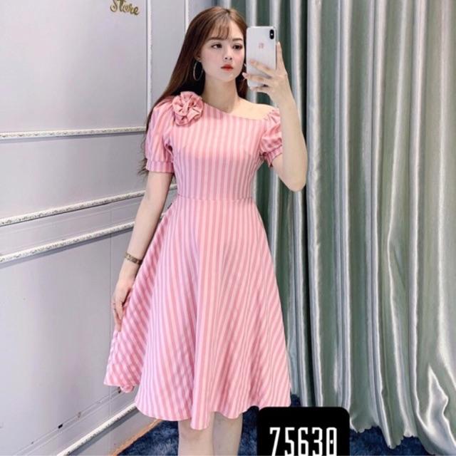 ĐẦM XOÈ HỒNG SỌC HOA CÀI -MS11-Có size M/L/XL/2XL đến 70kg MMR