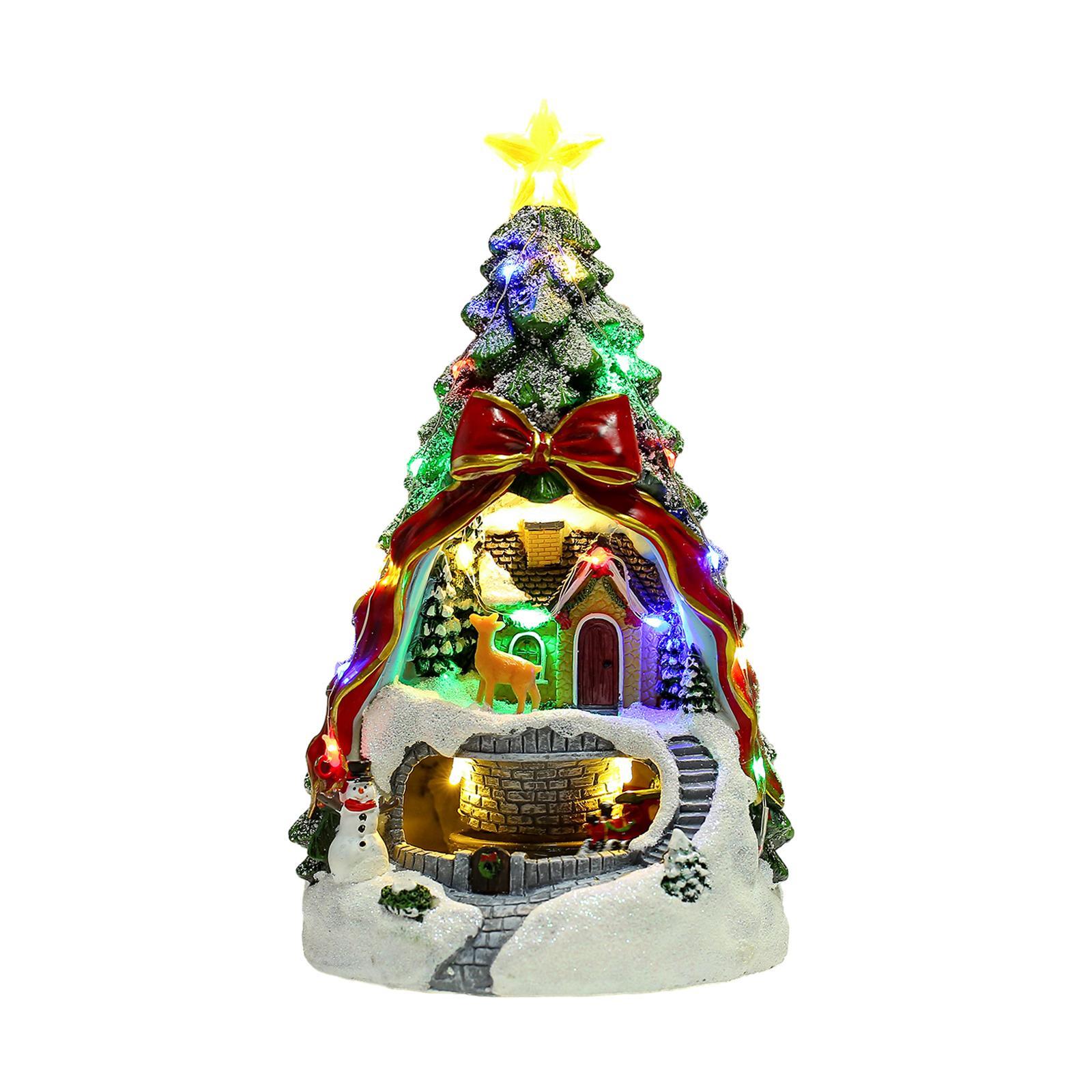 Christmas Tree Glowing House Holiday House Xmas Music Ornament Rotating Train Figurine Statue for Home Living Room Decoration