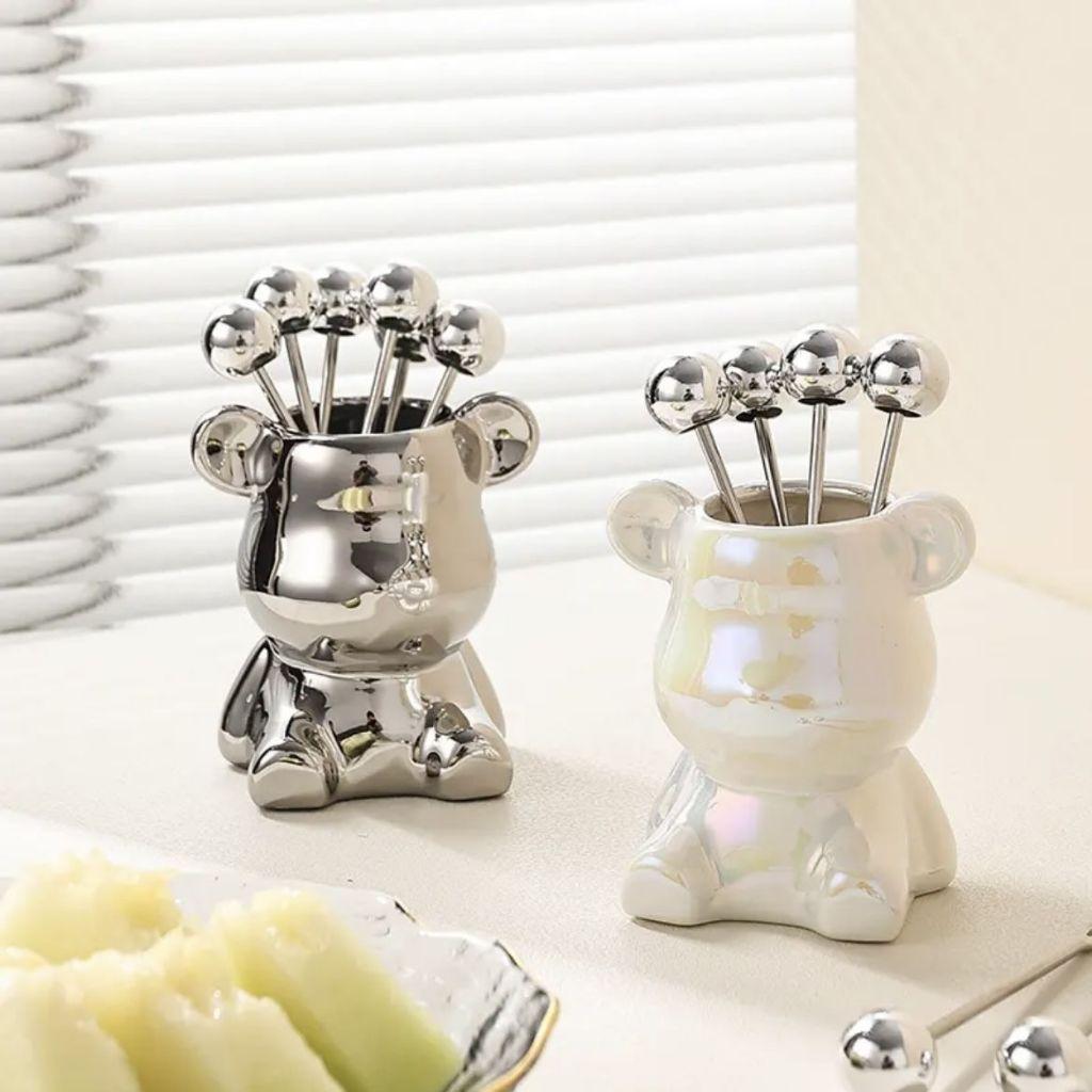 [KoSuyTu] Set 6 Dĩa INOX Ăn Hoa Quả Kèm Ống Cắm Dĩa Hình Gấu - Gọn Gàng Tiện Dụng Và Cute