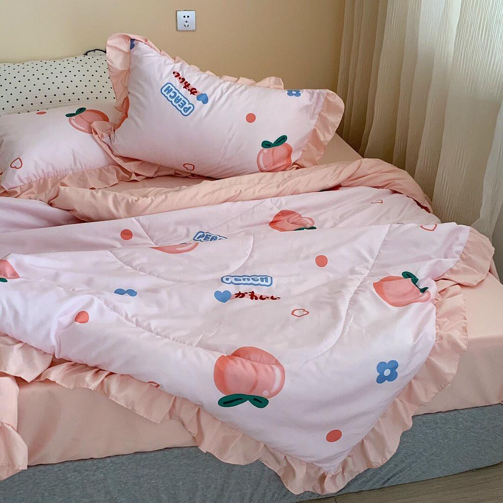 Bộ Chăn Ga Gối Cotton Đũi Bèo Chăn Chần Đào hồng