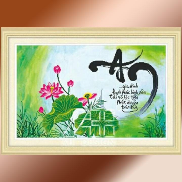 Tranh thêu chữ an hoa sen hồng 53408 - kích thước: 78 * 52cm.