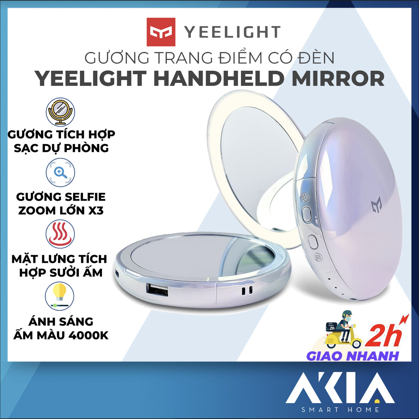 Đèn gương trang điểm mini Yeelight 4 in 1 Hand-held Makeup Mirror - Tích hơp sạc dự phòng 5000mAh, gương HD 3x, đèn chỉnh sáng, sưởi ấm tay - Hàng Chính hãng 