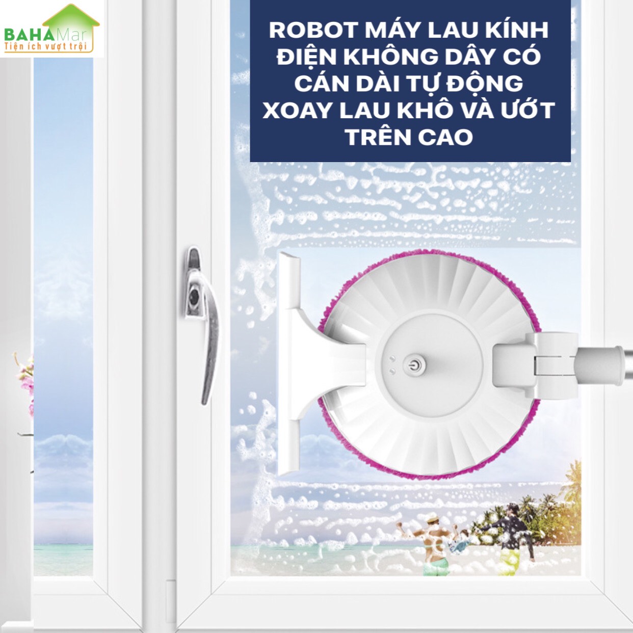 ROBOT MÁY LAU KÍNH ĐIỆN KHÔNG DÂY CÓ CÁN DÀI TỰ ĐỘNG XOAY LAU KHÔ VÀ ƯỚT TRÊN CAO  BAHAMAR  Đầu lau linh hoạt 90 độ  Có thể sử dụng cả lau khô và lau