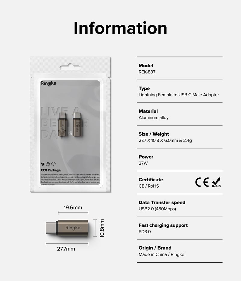 Bộ 2 đầu chuyển RINGKE LN to C OTG Adapter - Hàng Chính Hãng