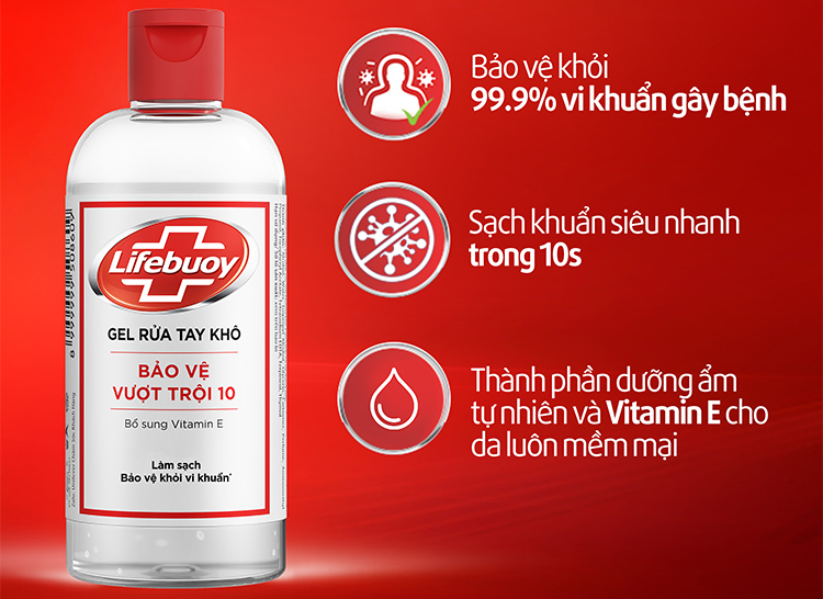 Gel Rửa Tay Khô Sạch Siêu Nhanh Lifebuoy Bảo Vệ Vượt Trội 10 (Chai Nắp 235ml)