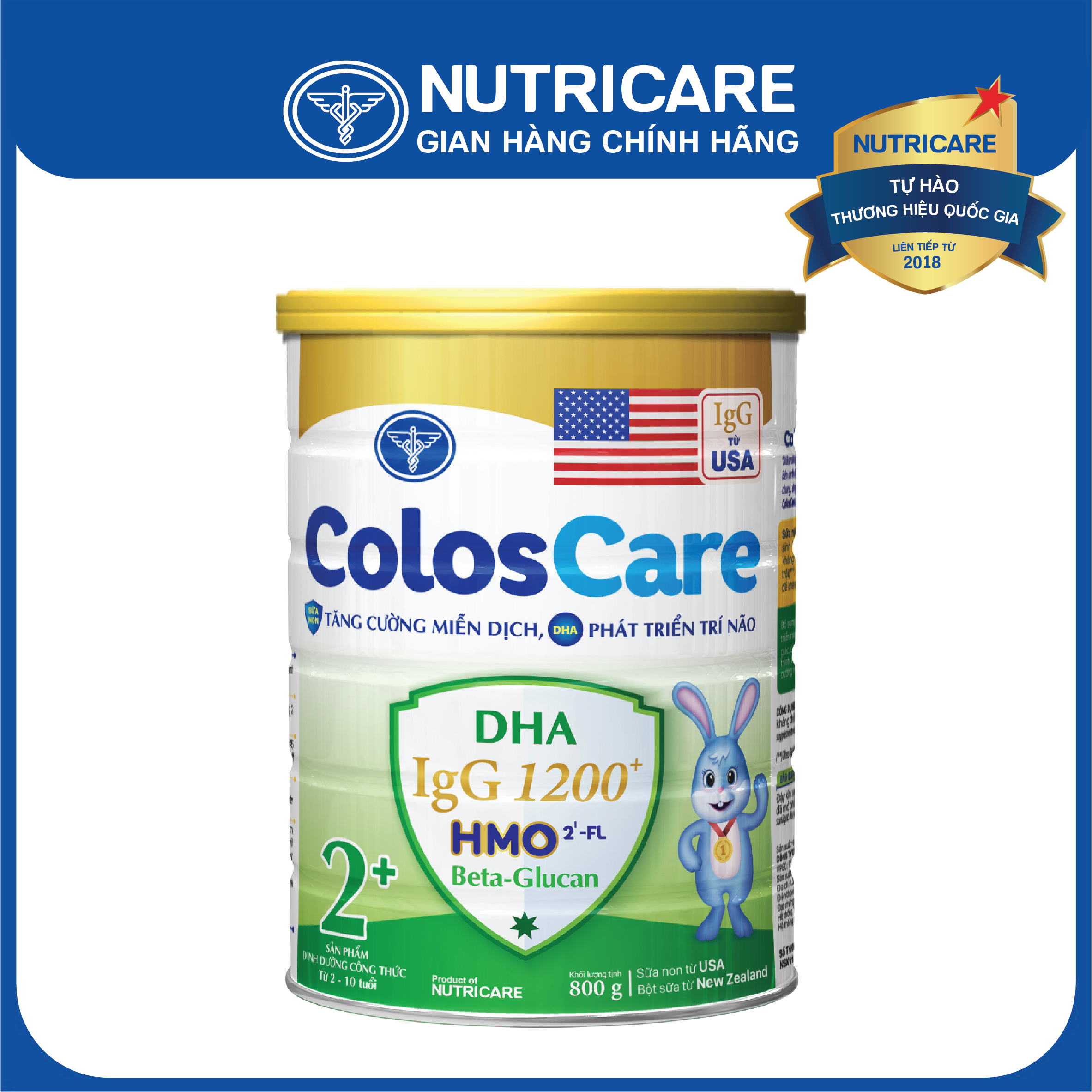 [Tặng 2 lọ yến] Sữa bột Nutricare ColosCare 2+ tăng cường hệ miễn dịch (800g)