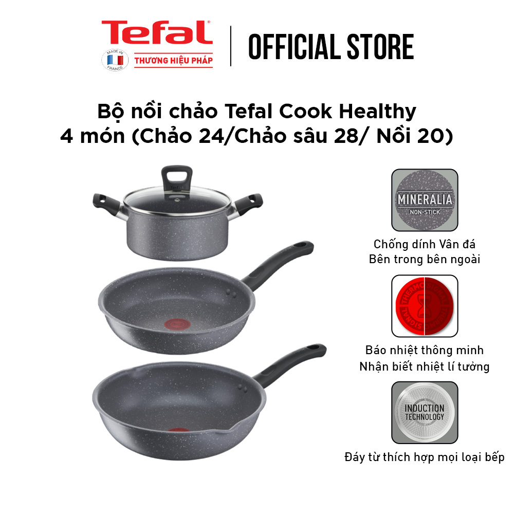 Bộ 3 nồi chảo chống dính đáy từ vân đá Tefal Cook Healthy dùng cho mọi loại bếp - Hàng chính hãng