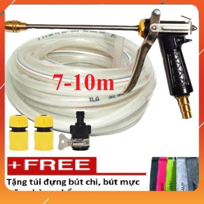 Bộ dây vòi xịt nước rửa xe, tưới cây , tăng áp 3 lần, loại 7m,10m 206318 đầu đồng,cút,nối đen + túi đựng bút