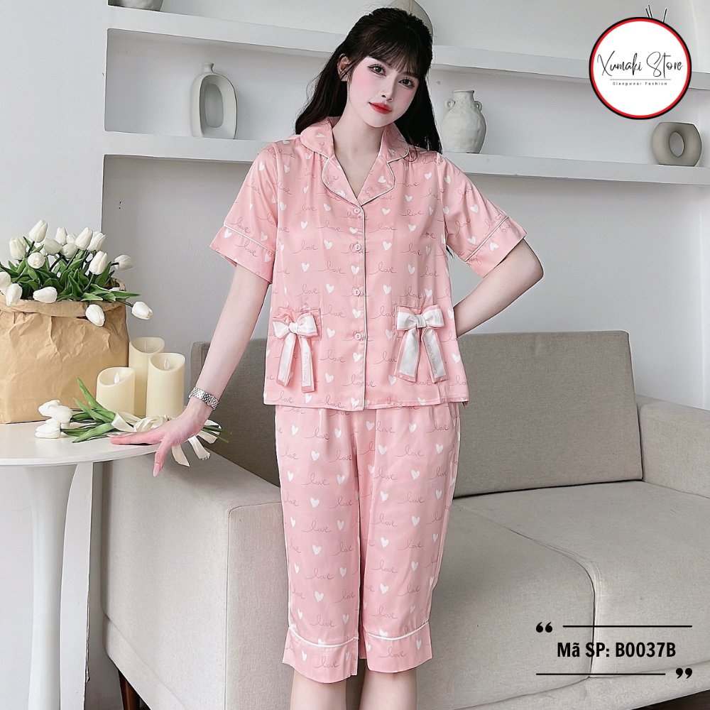 Bộ pijama nữ áo cộc quần ngố họa tiết túi nơ nhiều màu chất lụa cao cấp Xumaki Store BO037B