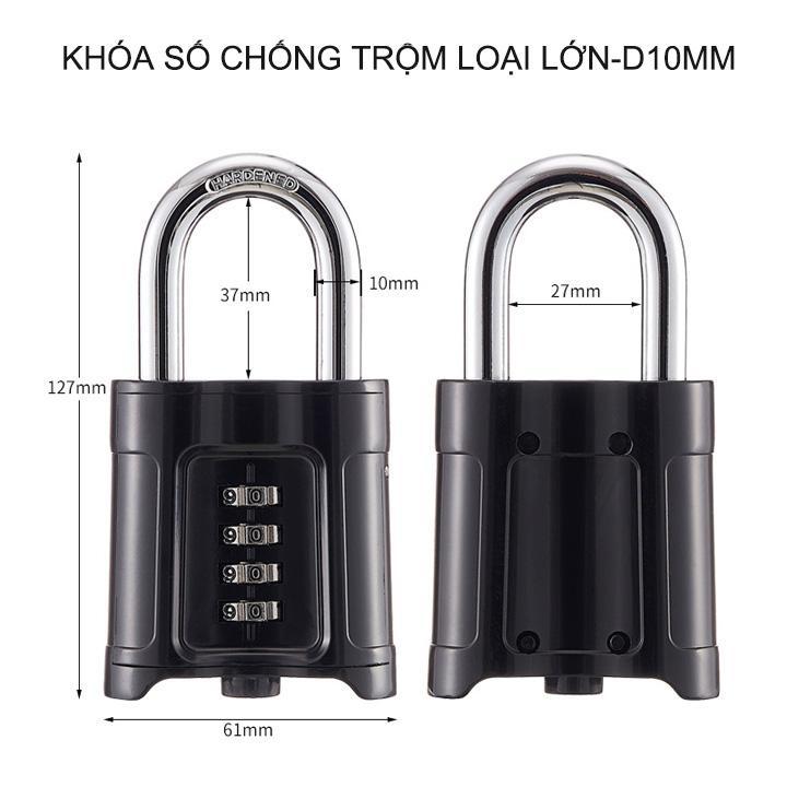 Khóa số chống trộm loại lớn D10mm, 4 mã số có thể thay đổi được, vỏ hợp kim kẽm mạ không gỉ