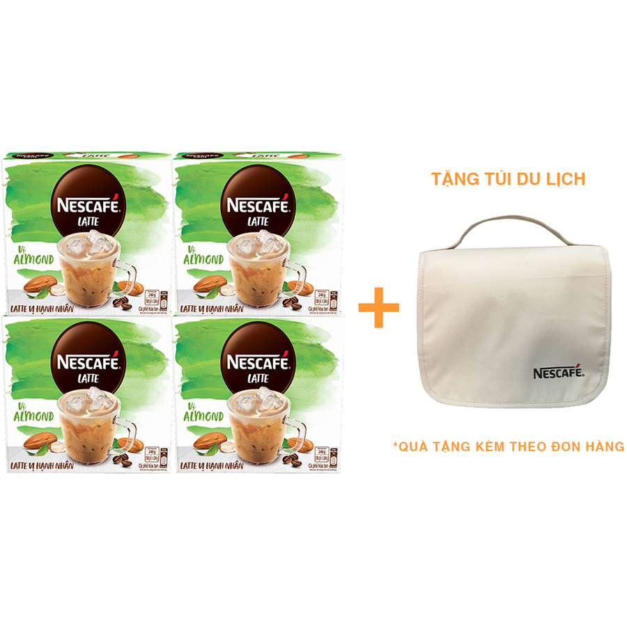 Combo 4 hộp cà phê hòa tan Nescafé Latte sữa hạt vị hạnh nhân (Hộp 10 gói x 24g) [Tặng túi du lịch - màu ngẫu nhiên]