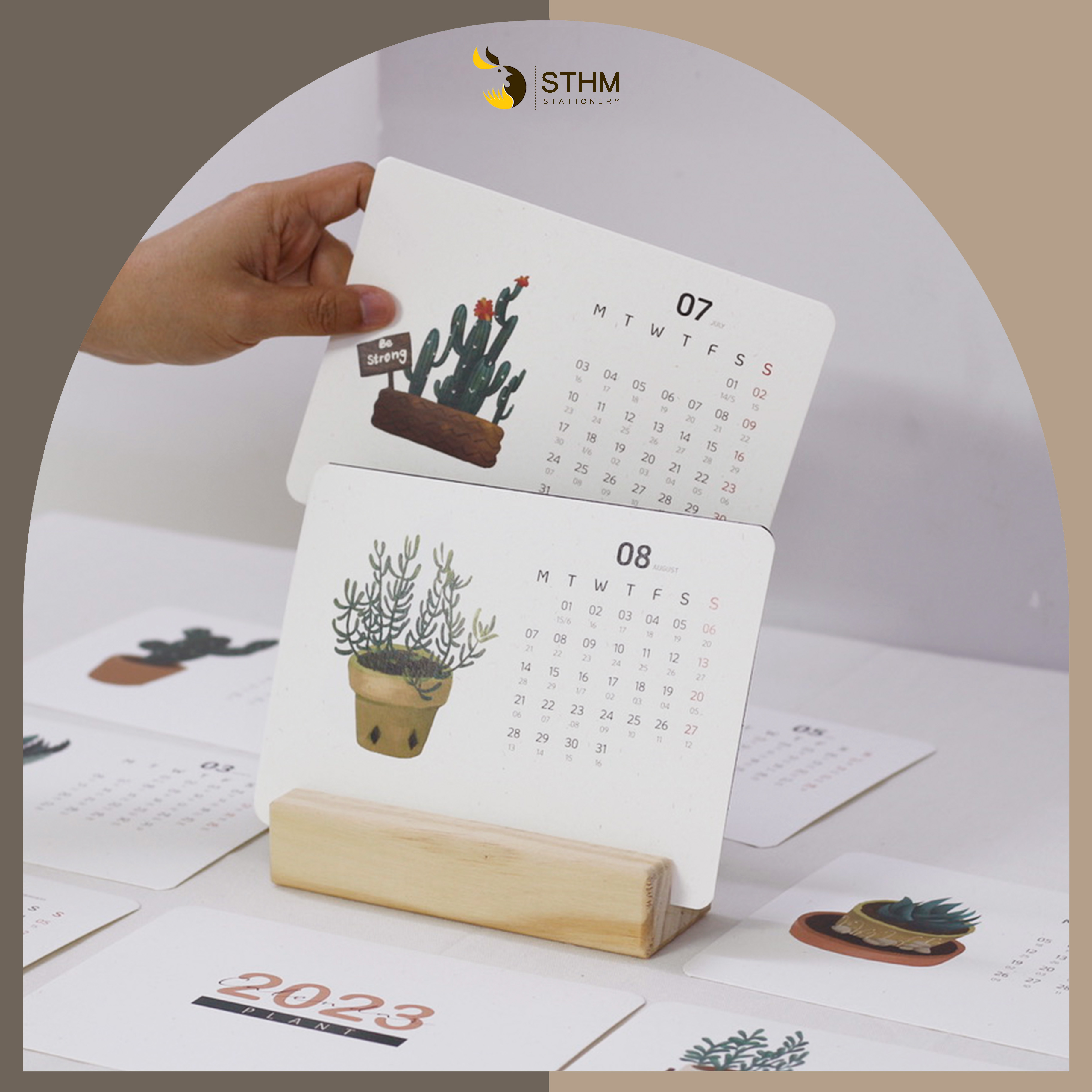 Lịch bàn đế gỗ 2023 - Plant - Tặng 12 sticker - Giấy mỹ thuật 220gsm - Có lịch âm dương - STHM stationery