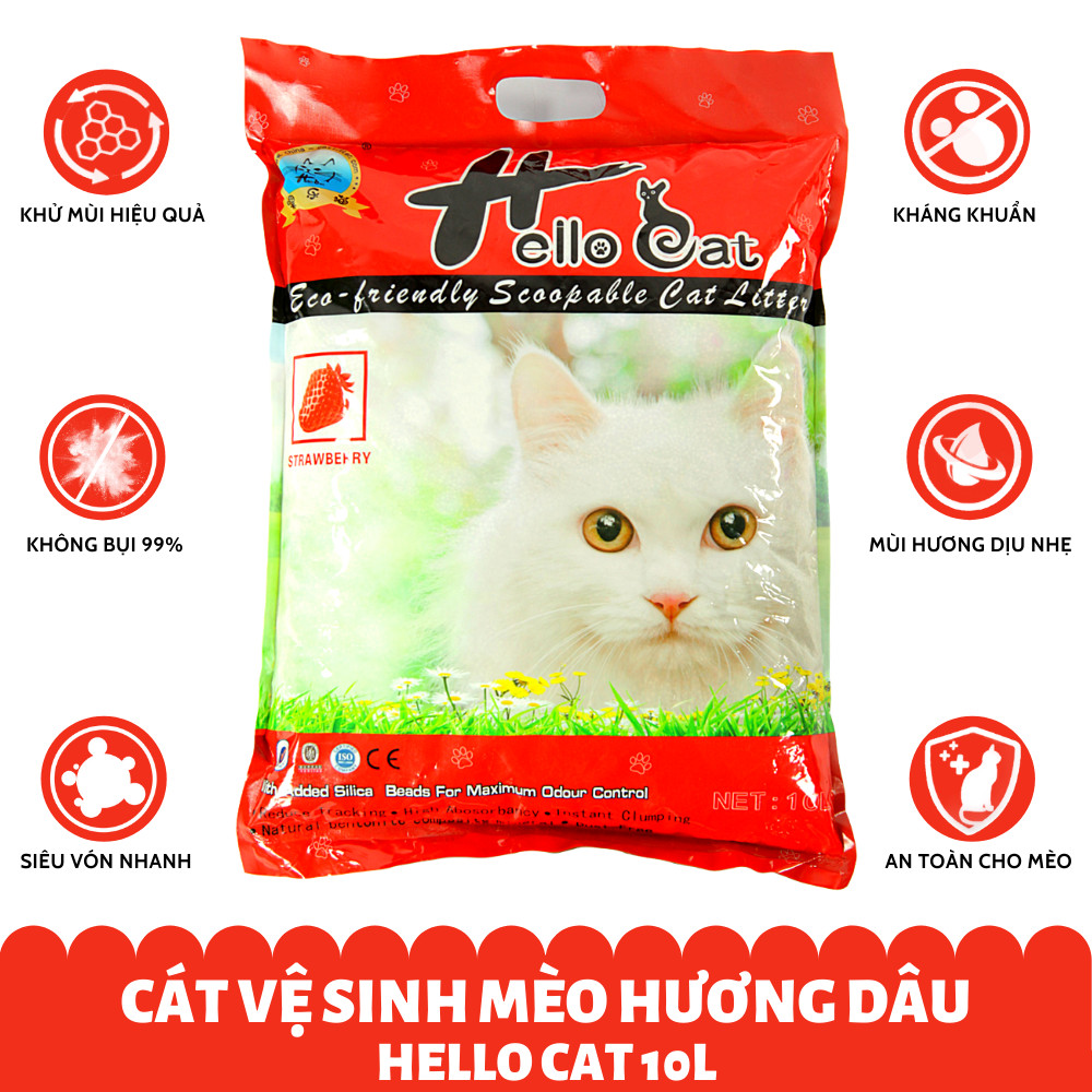 Cát Vệ Sinh Thái Lan Dành Cho Mèo Hương Dâu Không Bụi Vón Nhanh Mùi Hương Dịu Nhẹ Dễ Chịu Hello Cat Strawberry Bentonite Sand (10L/7KG) - TẶNG 1 Lon Pate Hello Cat Pate Mùi Ngẫu Nhiên 190G