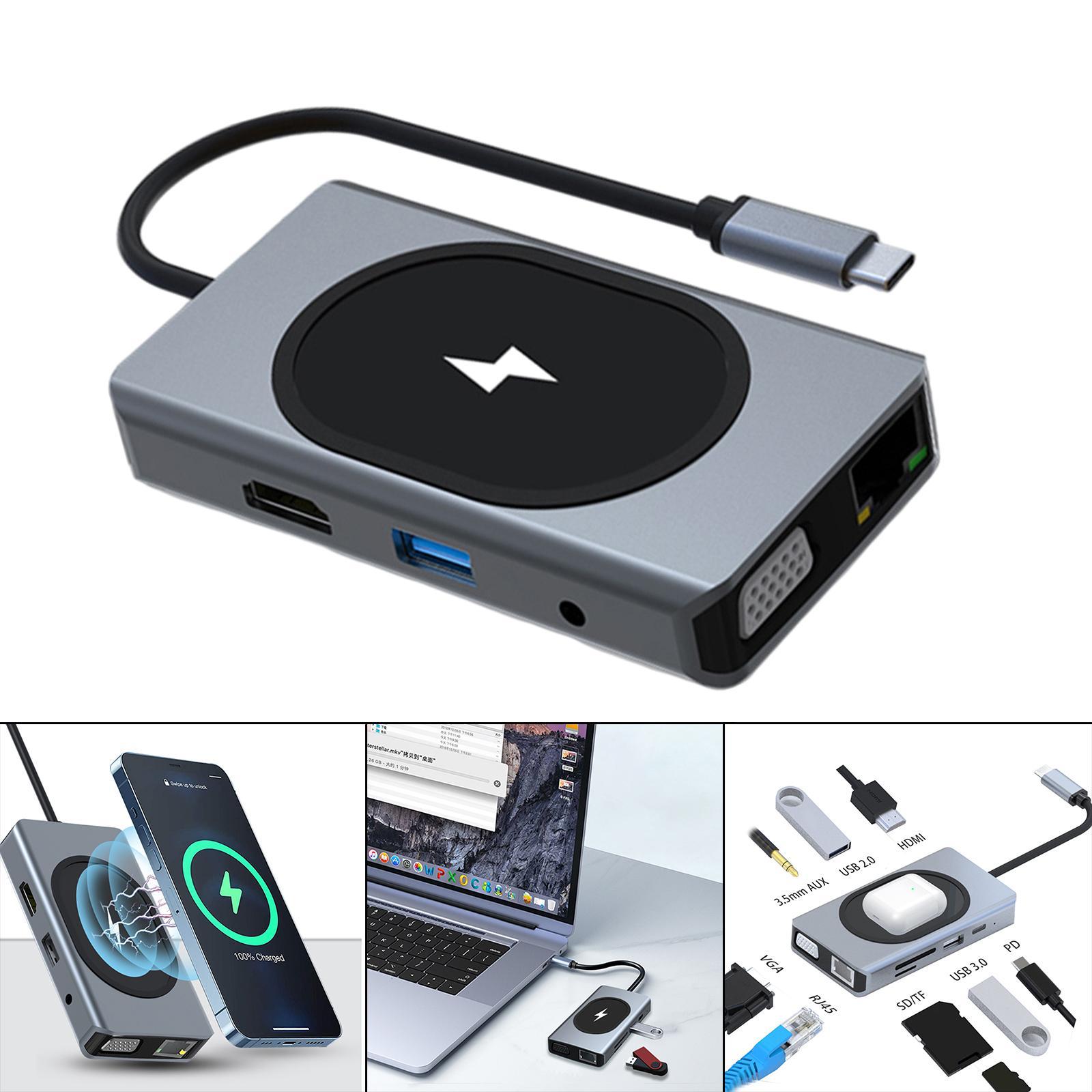 USB C Docking Station USB3.0 USB 2.0 HDMI Adapter 100W PD SD/TF Card Reader 3.5mm Audio Wireless Charging Stand Fast Charging