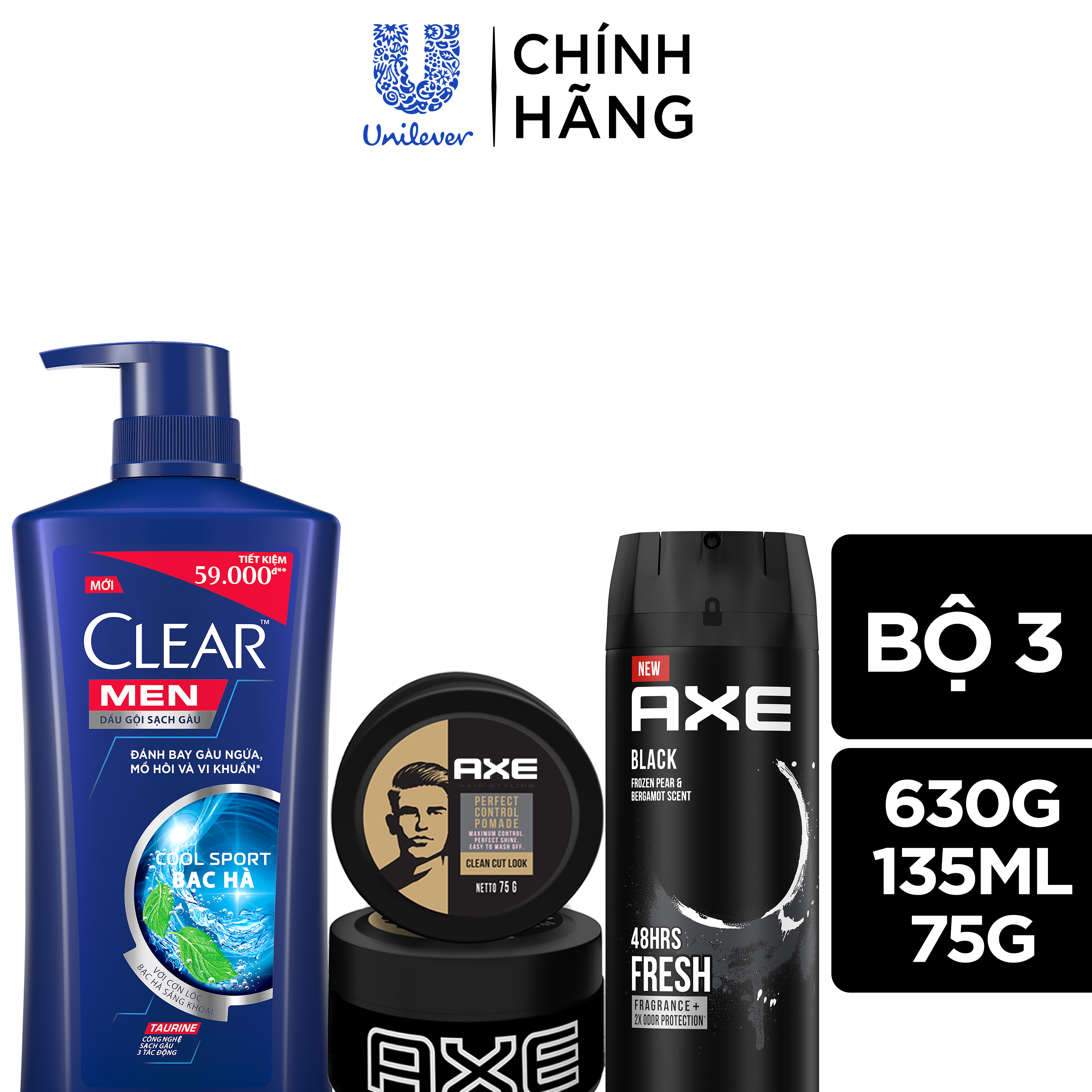 Bộ sản phẩm chăm sóc nam giới đến từ Clear Men và AXE, gồm: 1 dầu gội sạch gàu nam Clear Men Cool Sport (630g) + 1 xịt nước hoa toàn thân AXE Black (135ml) + 1 sáp vuốt tóc AXE Pomade (75g)