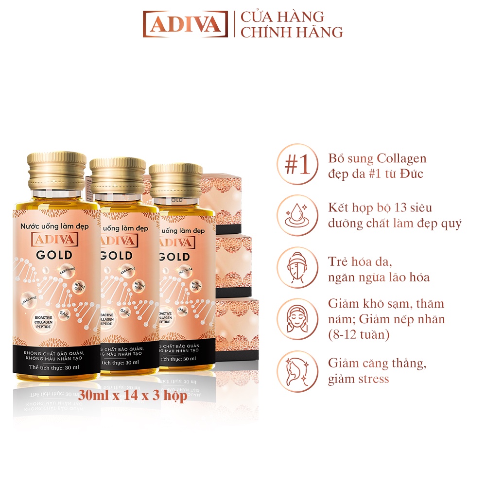 Combo 3 Hộp Gold Adiva Collagen (14 lọ/hộp)- Giúp Làn Da Căng Mịn, Giảm Nếp Nhăn Và Chống Lão Hóa