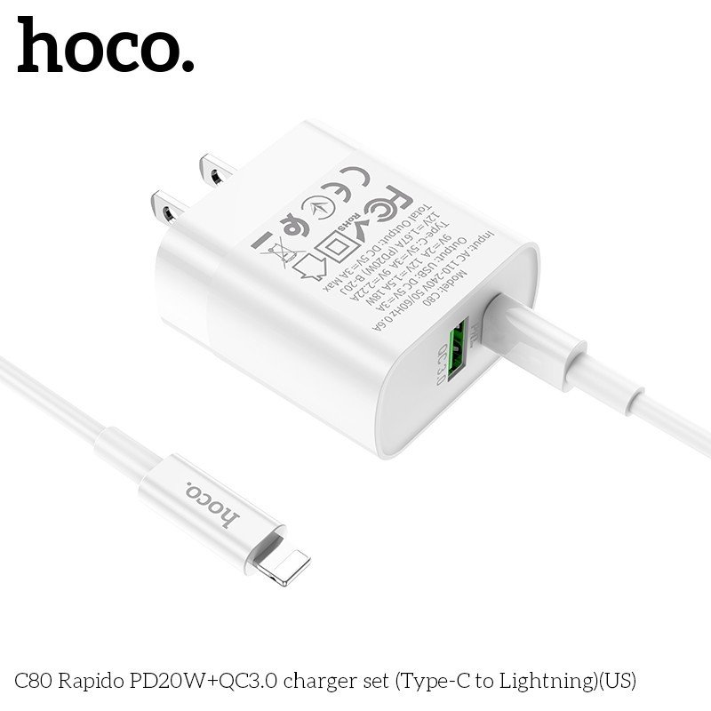 Bộ Sạc Nhanh Dành Cho Hoco. C80 PD20W QC3.0 2 Cổng Type-C + USB-A Kèm Cáp Type-C To IP Dây Dài 1m HÀng Chính Hãng