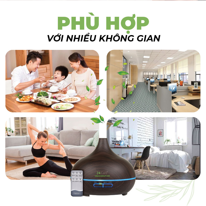 Máy khuếch tán Tinh Dầu 24Care Cổ Cao Đen Ultrasonic 500ml, Tặng 3 Chai Tinh dầu Sả Chanh + Bạc Hà + Cam Úc 24Care 10ml | Xông Phòng | Kèm Remote Điều Khiển |Công nghệ siêu âm tiên tiến.