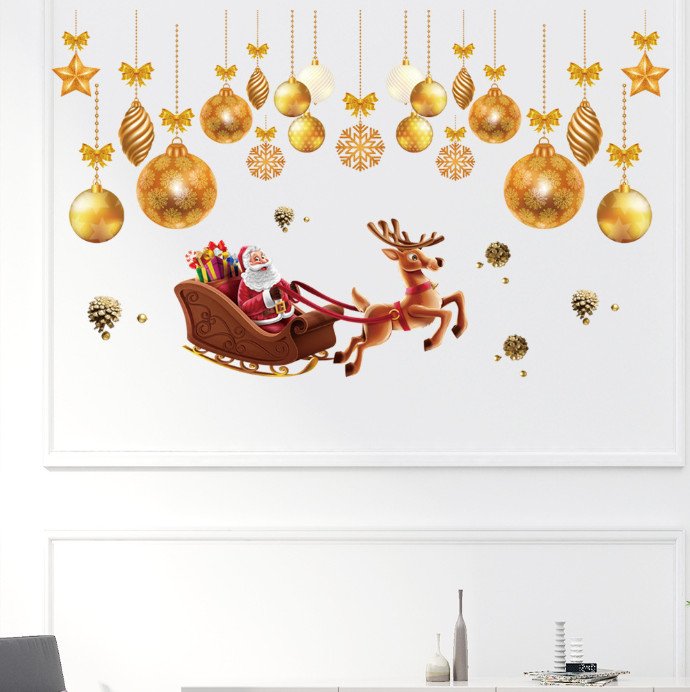 Decal trang trí Noel - Ông già Noel cưỡi tuần lộc và rèm châu vàng