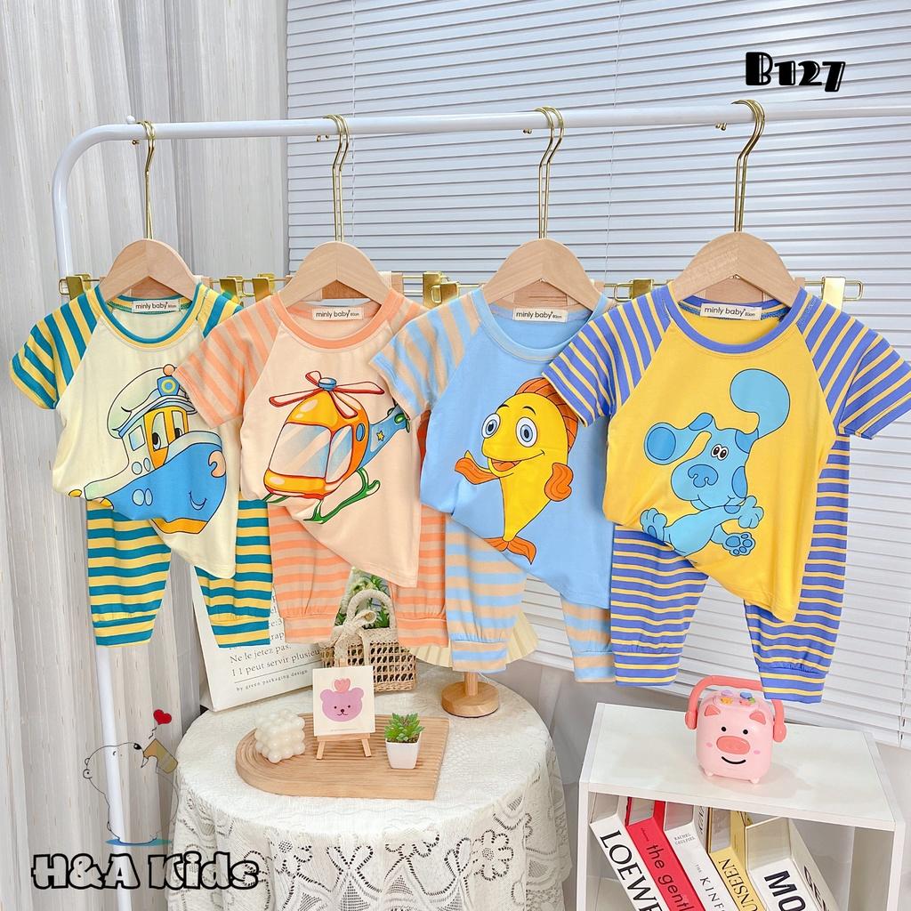 Bộ Tay Ngắn Quần Dài Phối Tay Áo Và Quần Sọc Dệt Mềm Mịn Cho Bé Trai Bé Gái Từ 7-32kg