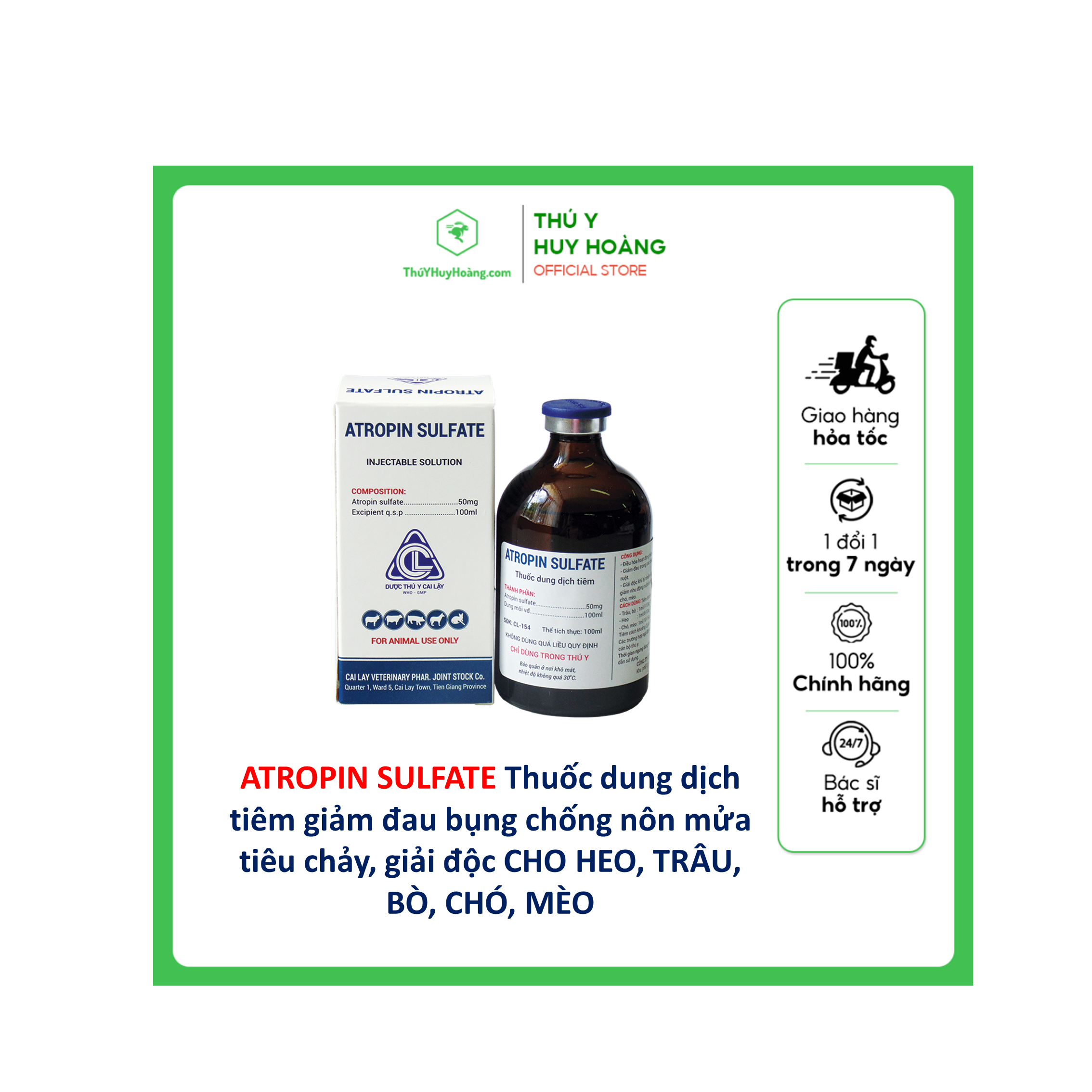 Thuốc dung dịch tiêm ATROPINSULFATE giảm đau bụng,chống nôn mữa,tiêu chảy,giải độc ,ức chế hoạt động thần kinh ở trâu bò chó mèo