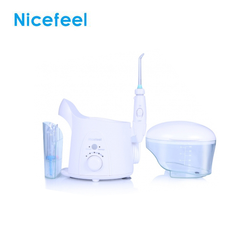 Máy tăm nước gia đình Nicefeel FC288W có chức năng massage, hộp đựng đầu phun bên hông máy không có tia UV