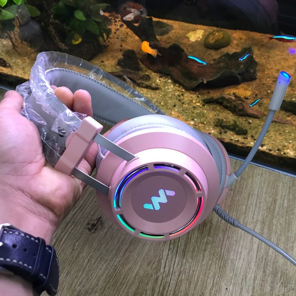 Tai nghe chụp tai chuyên game Wangming 9800S Pink Âm Thanh 7.1 - Led RGB - Jack Cắm USB - Hàng chính hãng